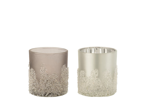 J-Line theelichthouder Suiker Frosted - glas - grijs/zilver - small - 2 stuks