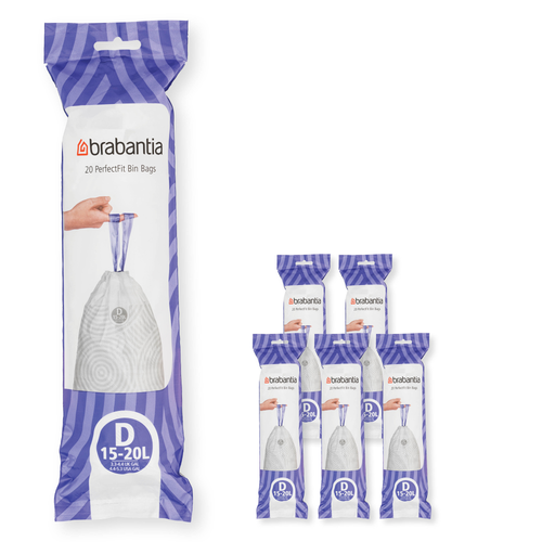 Brabantia PerfectFit Afvalzak, code D, 15-20 liter, 120 stuks, set van 6 rollen - White