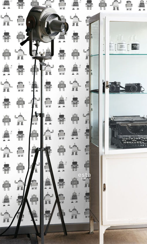 ESTAhome behang getekende vintage speelgoed robots zwart en wit - 53 cm x 10.05 m - 138939