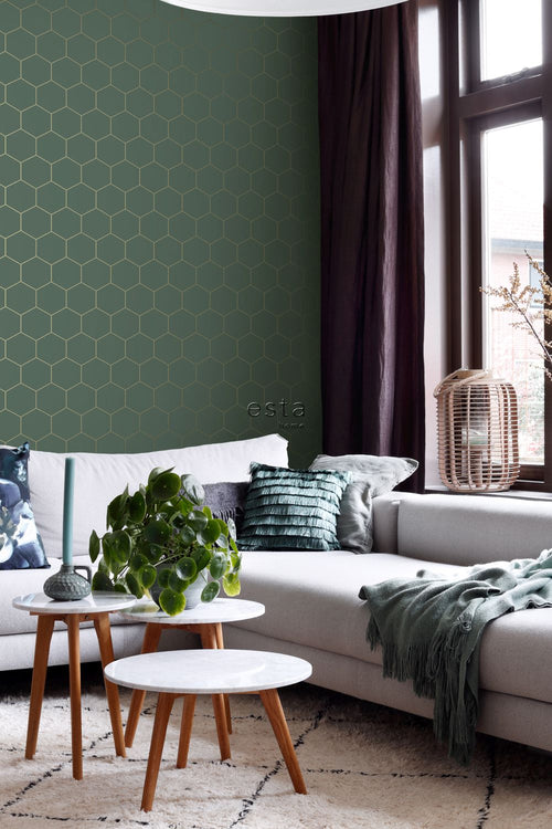 ESTAhome behang hexagon donkergroen en goud - 53 cm x 10.05 m - 139228