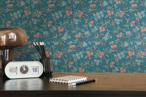 Livingwalls behang bloemmotief blauwgroen en terracotta - 53 cm x 10.05 m - AS-390634 - vtwonen shop