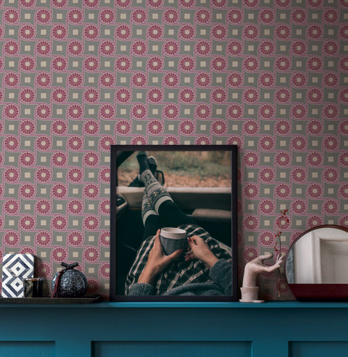 Livingwalls behang grafisch motief lila paars, rood, grijs en beige - 53 cm x 10.05 m - AS-390602