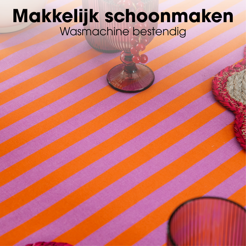 Mica Decorations Gestreept Tafelkleed voor Eettafel - Tafellaken voor Binnen en Buiten 250 x 140 cm - Tafelzeil 100% Katoen - Oranje, Roze