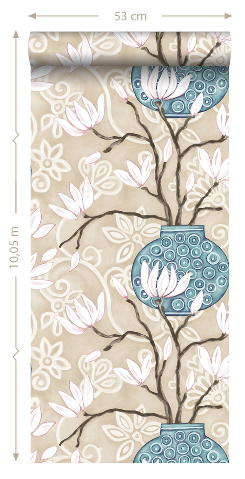 Origin Wallcoverings behang magnolia beige en turquoise - 53 cm x 10,05 m - 346923 - vtwonen shop