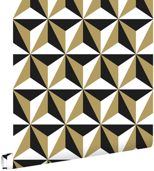 ESTAhome behang grafisch motief glanzend goud, wit en zwart - 53 cm x 10.05 m - 139118