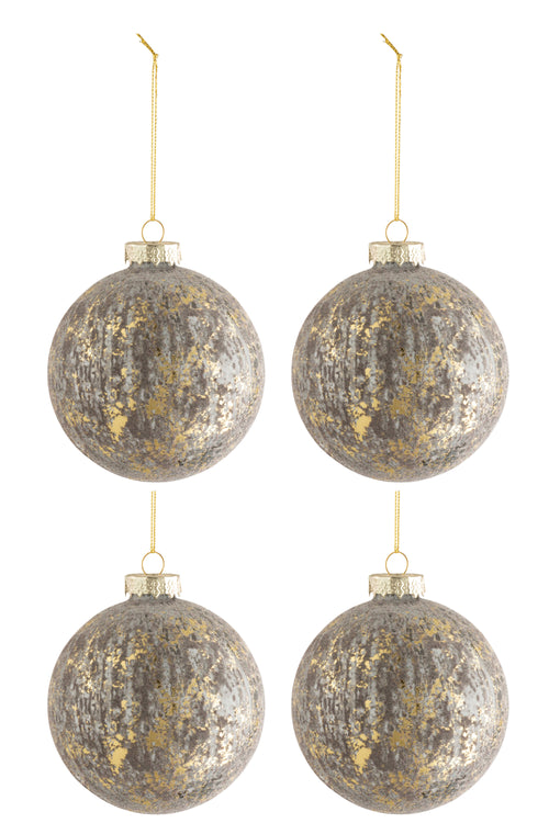 J-Line kerstbal - fluweel/glas - antiek grijs/goud - medium - doos van 4 - vtwonen shop