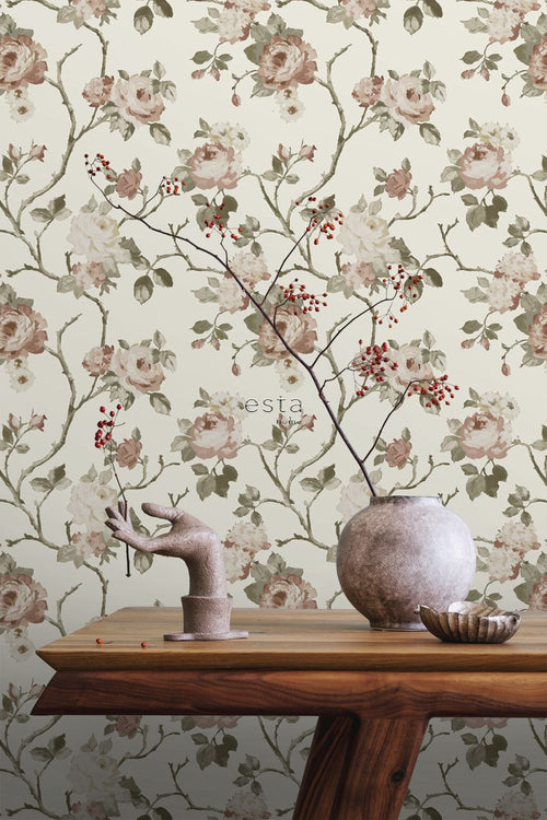 ESTAhome behang vintage bloemen gebroken wit en oudroze - 53 cm x 10.05 m - 139406