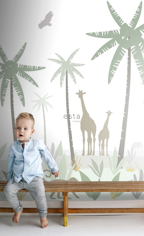 ESTAhome fotobehang jungle dieren groen, grijs en bruin - 200 x 279 cm - 158928 - vtwonen shop
