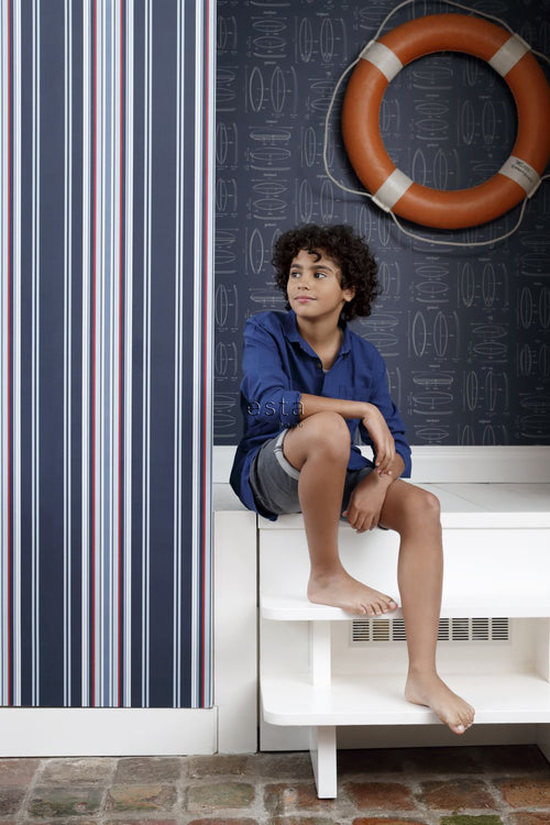 ESTAhome behang strepen marine blauw en rood - 53 cm x 10.05 m - 136419