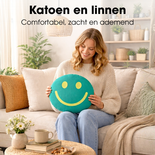 Mica Decorations Smiley Sierkussen - Kussen met Kussenhoes - Woondecoratie Woonkamer - Ø45 x 10 cm - Katoen, Polyester - Groen