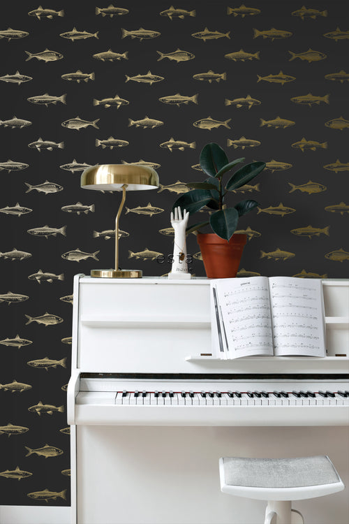 ESTAhome behang pentekening vissen zwart en goud - 53 cm x 10.05 m - 139124