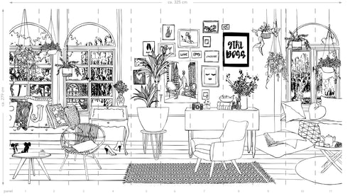 ESTAhome fotobehang tekening woonkamer zwart wit - 511.5 x 279 cm - 159098 - vtwonen shop