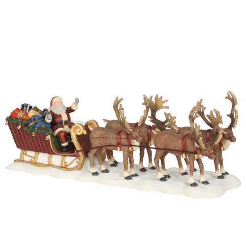 Luville Originals Kerstman met Rendierenslee - Kerstversiering voor Kerstdorp Miniatuur - Kerst Decoratie met Rendieren en Cadeaus - L21 x B7 x H8 cm