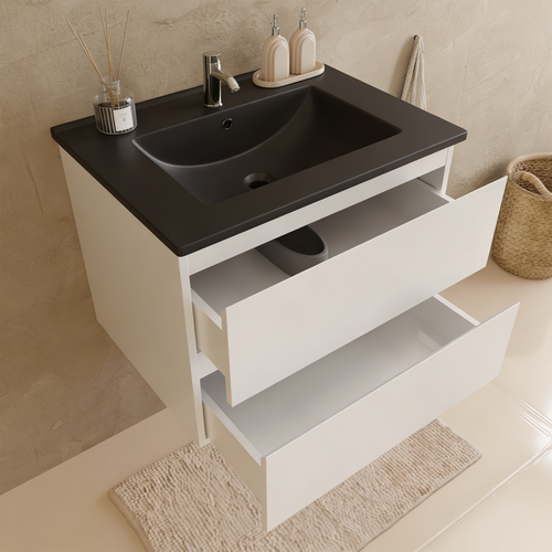 LOMAZOO badmeubelset Verona - met kolomkast & zwarte wastafel - glanzend wit - 60 cm