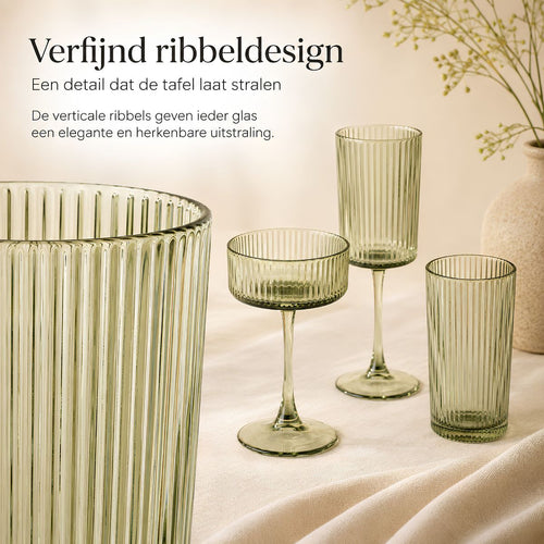 Mica Decorations Grigio Wijnglas Groen - Wijnglas met Subtiele Ribbelstructuur - Glazen Wijnglas voor Wijn, Water en Feestelijke Drankjes - Rond Model