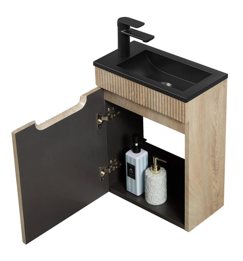 Badplaats Toiletmeubel Thermis 40 x 22 cm – Licht Eiken – Fonteinmeubel met Zwarte Wastafel