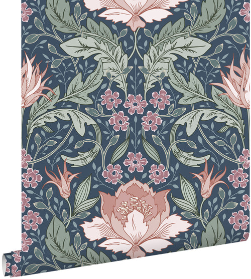ESTAhome behang vintage bloemen in art nouveau stijl blauw, groen en terracotta roze - 50 x 900 cm - 131083 - vtwonen shop