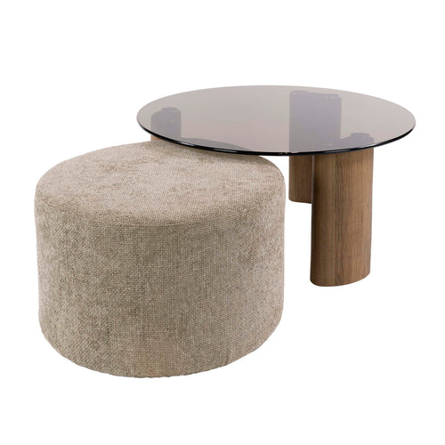 Giga Living Salontafel Tinto - Rond Brons Glas - Incl. Poef - Set van 2