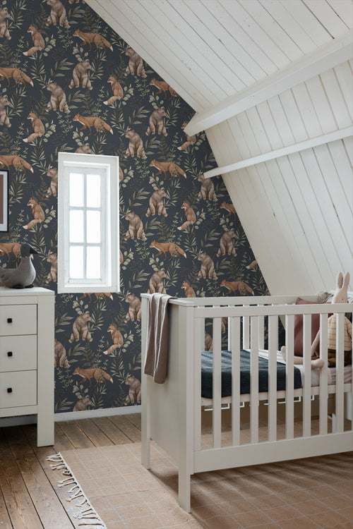 Borastapeter behang bos met bosdieren donkerblauw en bruin - 53 cm x 10.05 m - 660604 - vtwonen shop