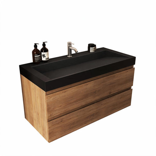 LOMAZOO badkamermeubel Zarivo - zwevend - zwarte wastafel - warm eiken - 100 cm