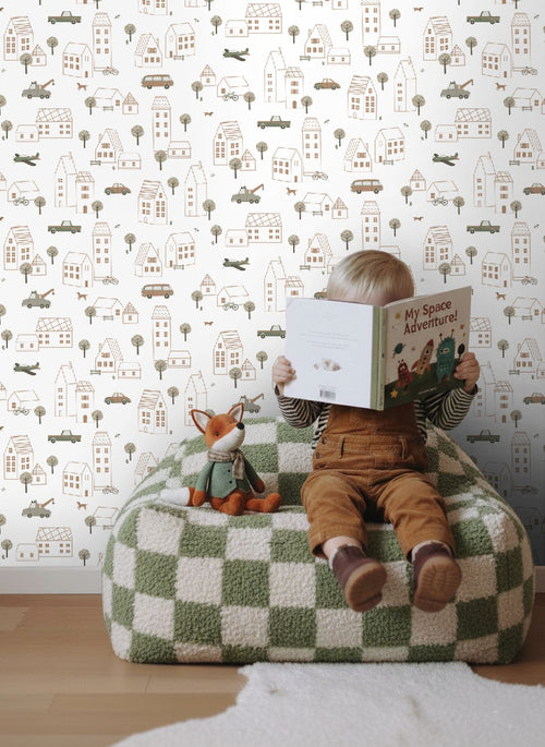 ESTAhome behang voertuigen wit, bruin en groen - 50 x 900 cm - 131826