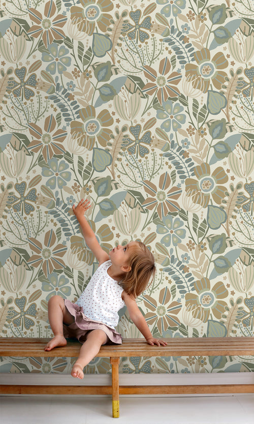 ESTAhome behang bloemmotief beige, blauw en groen - 53 cm x 10.05 m - 139676