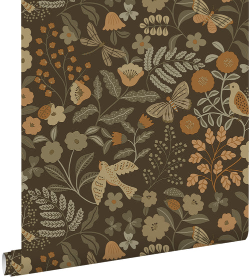 ESTAhome behang bloemen en vogels vergrijsd groen, bruin en okergeel - 50 x 900 cm - 131466 - vtwonen shop