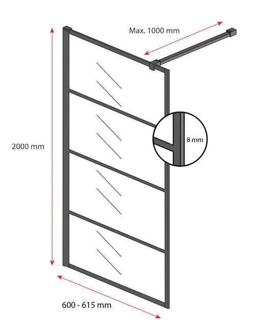 Badplaats Douchewand Essos 60 x 200 cm – Zwart – Inloopdouche 8 mm Rookglas