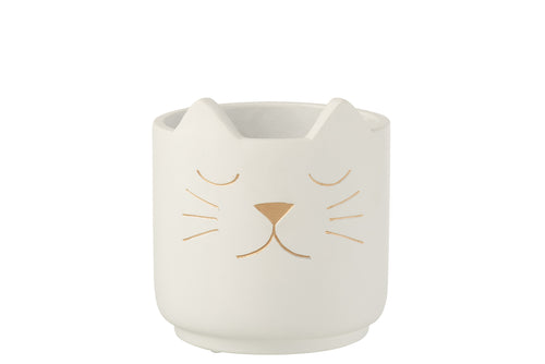 J-Line bloempot Kat voor binnen - cement - wit/goud - medium - Ø 16 cm