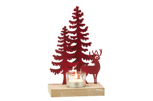 J-Line theelichthouder 1 Stuk Rendier/Bomen - metaal/hout - rood - vtwonen shop