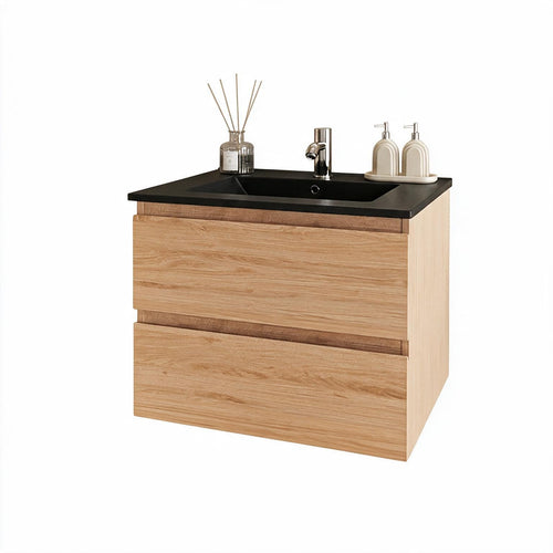 LOMAZOO badkamermeubel Marenza - zwevend - zwart keramiek - licht eiken - 60 cm