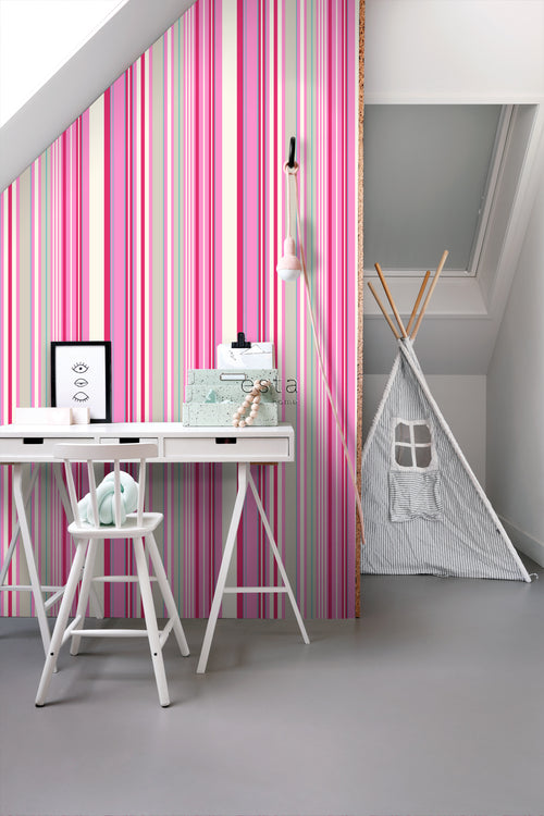ESTAhome behang strepen roze en turquoise - 53 cm x 10.05 m - 116531