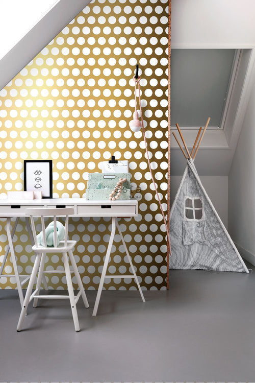ESTAhome behang grote stippen glanzend goud en wit - 53 cm x 10.05 m - 139116