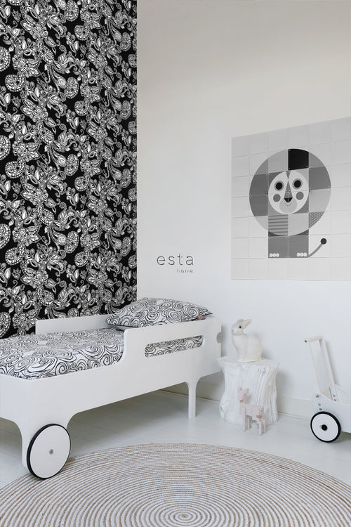 ESTAhome behang funky bloemen en paisleys zwart en wit - 53 cm x 10.05 m - 136844