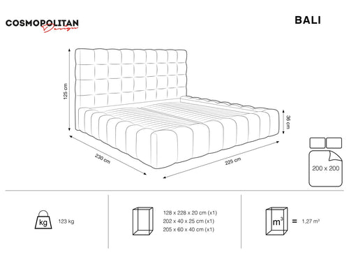 Cosmopolitan Design Opbergbed met hoofdeinde Bali 200x200cm, flueel, lichtgrijs - 230x225x125cm
