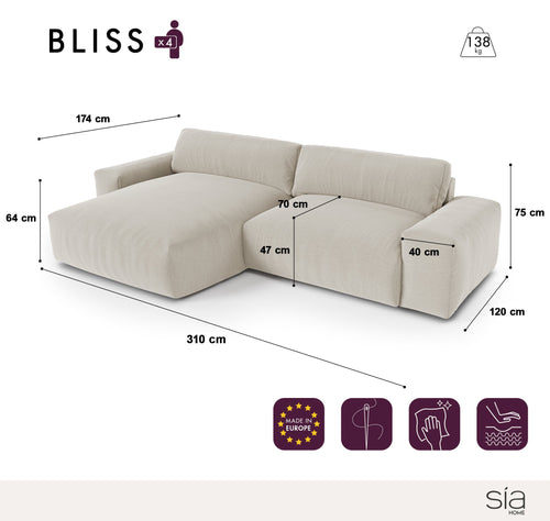 Sia Home - Hoekbanken links BLISS - Fluweel - Crème - 310cm - vtwonen shop