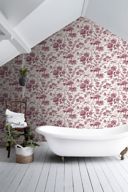 ESTAhome behang vintage bloemen bordeaux rood en wit - 50 x 900 cm - 132099