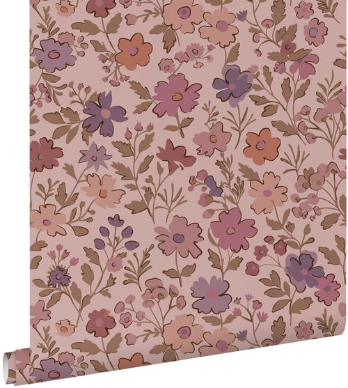 ESTAhome behang bloemetjes donker paars en roze - 50 x 900 cm - 131322