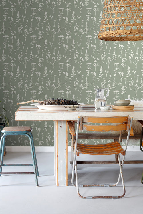 ESTAhome behang veldbloemen jade groen - 50 x 900 cm - 139395