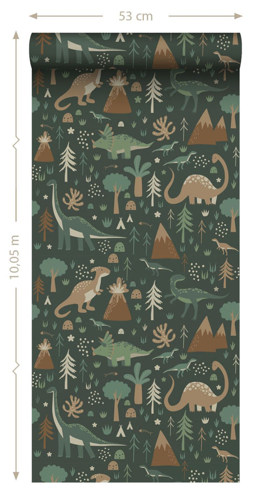 ESTAhome behang dinosaurussen donkergroen en bruin - 53 cm x 10.05 m - 139802