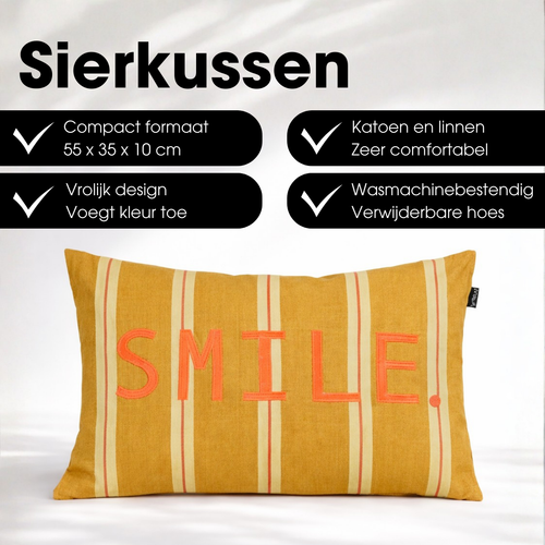 Mica Decorations Smile Sierkussen - Kussen met Kussenhoes - Woondecoratie Woonkamer - 55 x 35 x 10 cm - Katoen - Bruin, Oranje, Geel
