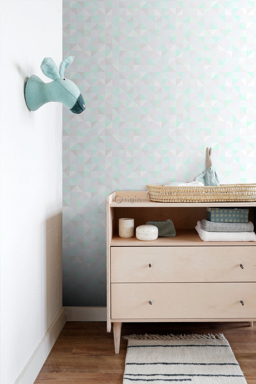 Origin Wallcoverings behang driehoekjes pastel paars, mintgroen, glanzend zilvergrijs en pastelblauw - 53 cm x 10.05 m - 337205 - vtwonen shop