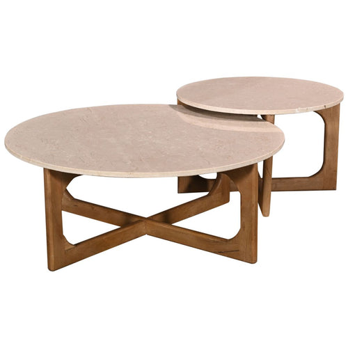 Giga Meubel Salontafel Lino Rond - Marmer/Hout - Naturel - Set van 2 - vtwonen shop