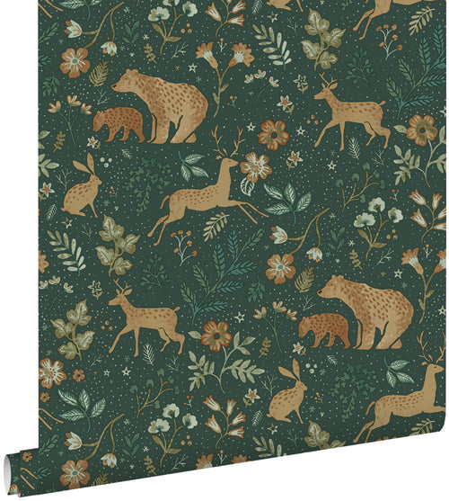 ESTAhome behang bos met bosdieren donkergroen en beige - 53 cm x 10.05 m - 139587