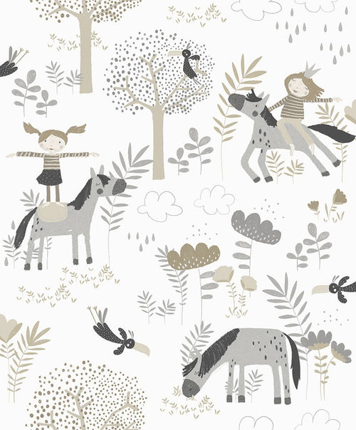 Masureel behang getekende paarden wit - 53 cm x 10.05 m - 631865