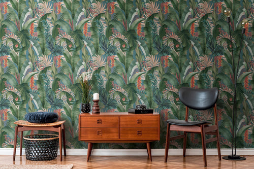 Livingwalls behang tropische bladeren blauw, petrolblauw, groen, beige en rood - 53 cm x 10.05 m - AS-394352