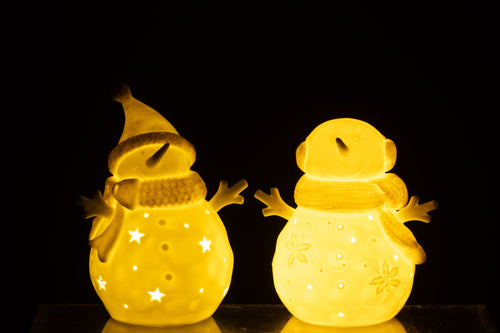 J-Line figuur Sneeuwpop - keramiek - wit/beige - large - 2 stuks - LED - vtwonen shop