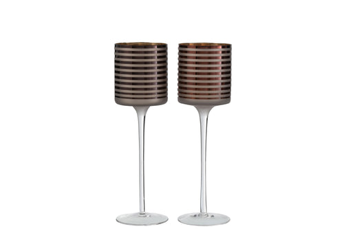 J-Line theelichthouder op voet Strepen - glas - bruin - large - 2 stuks