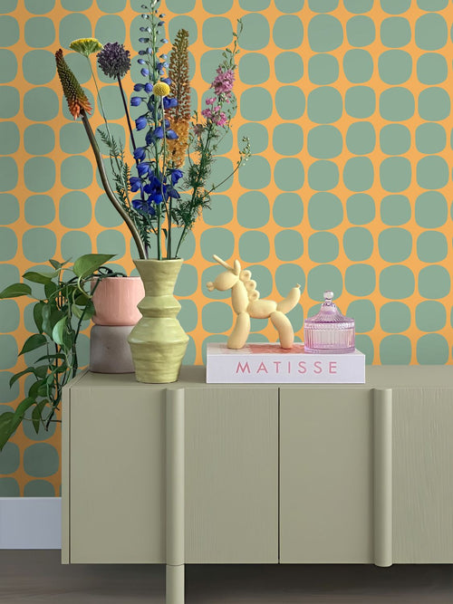 ESTAhome behang grafisch motief mintgroen en oranje - 50 x 900 cm - 131981