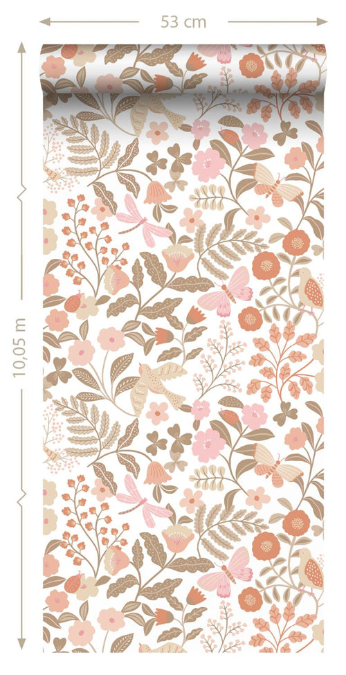 ESTAhome behang bloemen en vogels terracotta, taupe en roze - 53 cm x 10.05 m - 131391